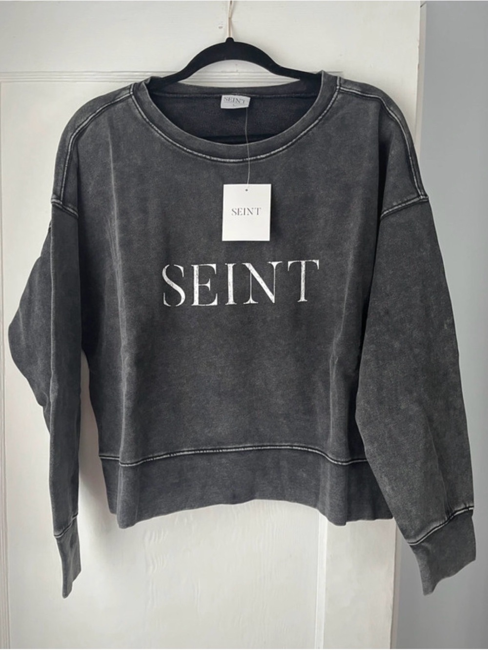 SEINT Women's Washed Charcoal Logo Cropped Crewneck Sweatshirt